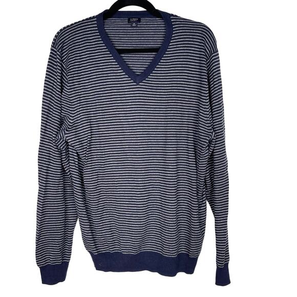 J Crew Mens Medium Navy Blue Gray Striped Cashmere Cotton VNeck Sweater Pullover - Picture 1 of 7